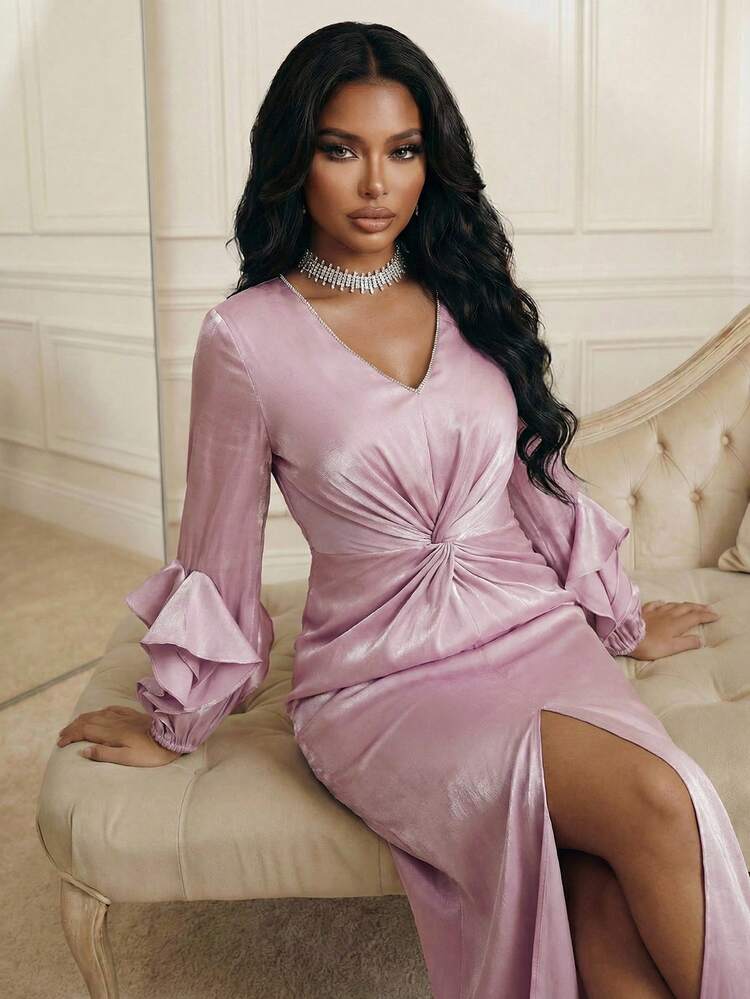 Women's Elegant V-Neck Twist Ruffle Sleeve Slim Fit Split Dress, Luxury Graceful Fit And Flare Party Dress