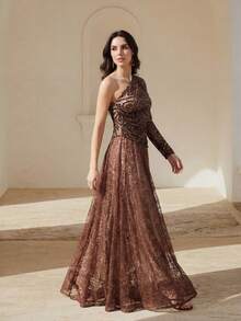 Anewsta Vestido asimétrico elegante y de moda con encaje y cuentas en contraste, adecuado para fiestas, banquetes, festivales y otras ocasiones - Café integral - Ver 6