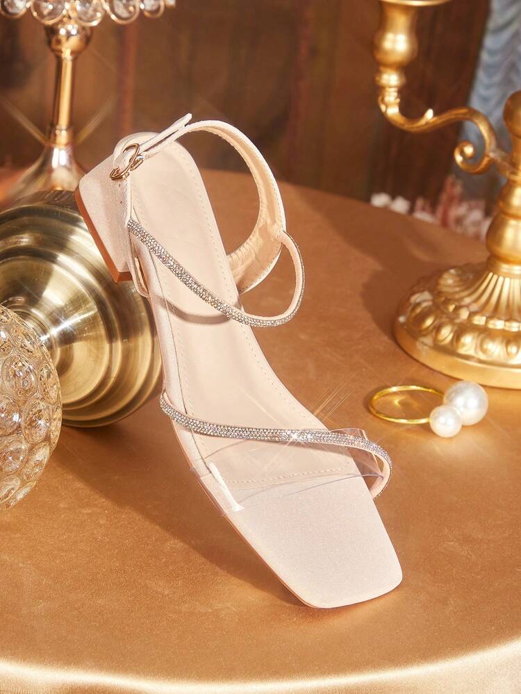 CUCCOO TILAWA Women's Square Toe Champagne Color Rhinestone Decor Peep Toe Low Heel Versatile Fashion Date Night High Heel Sandals
