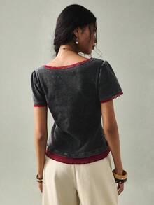 SoleilVie 女士休闲针织撞色蕾丝短袖修身T恤 - 黑色 - 查看 2