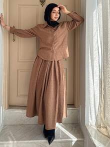 DAZY Bộ đồ nữ gồm áo sơ mi và chân váy chữ A, thích hợp cho mùa xuân và mùa hè. - màu nâu - Xem 6