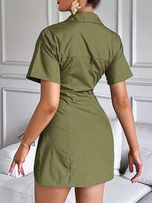 Aveloria Modichic Summer Solid Color Elegant Short Sleeve Dress With Folded Collar Dresses For Women Elegant  - Olive Green - View 2