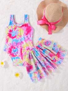 SHEIN 女童扎染卡通印花连体泳衣带裙套装 - 彩色 - 查看 2