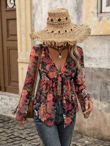 Brillora Paisley Print Mesh Long Sleeve Tie Front Asymmetric Hem Top For Women - Multicolor - View 4