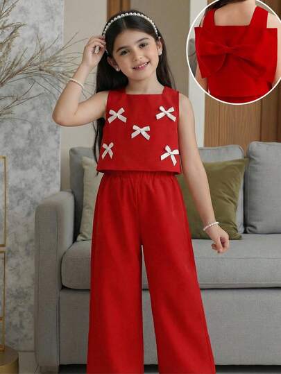 SHEIN Conjunto de niña elegante, dulce y lindo con blusa sin mangas con cuello redondo, decorada con lazo y perlas, y pantalones de pierna ancha de unicolor, rojo