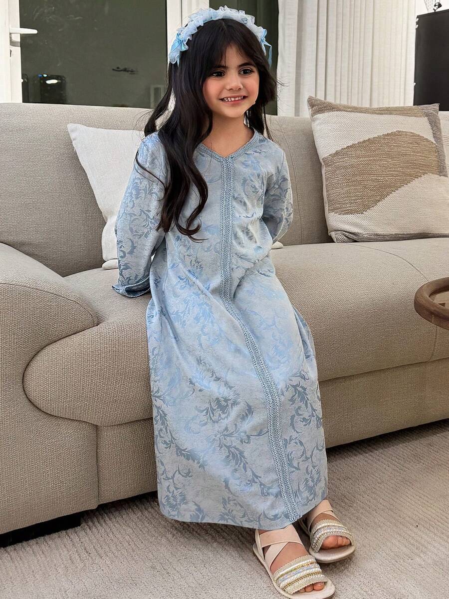 Dazy Kids فستان جاكار أنيق لحفلة للفتاة الصغيرة - الأزرق - مشاهدة 1