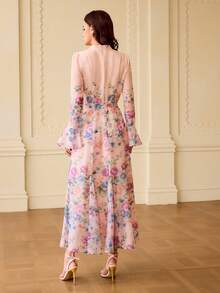 ZEYLAH Women's Elegant INS Printed Button-Down Long Flare Sleeve Dress, Flowing Pleated Skirt - Multicolor - View 4