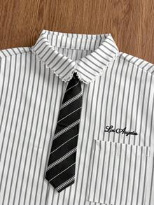 Manfinity Unisex Men's Casual Striped Letter Embroidery Short Sleeve Shirt, Summer - Black and White - View 1