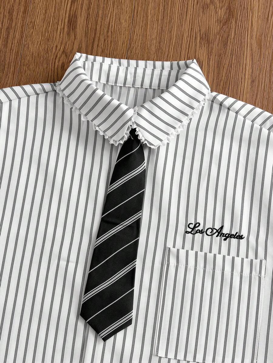 Manfinity Unisex Men's Casual Striped Letter Embroidery Short Sleeve Shirt, Summer - Black and White - View 1