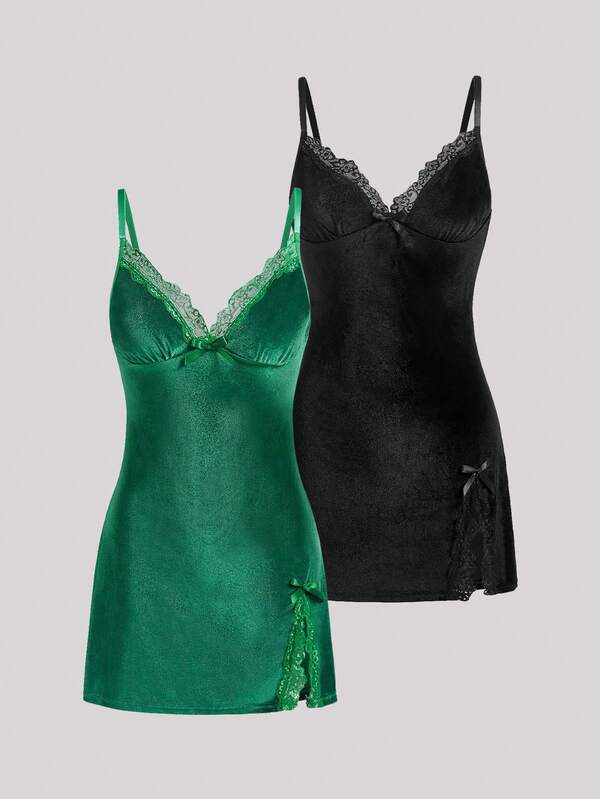 Hourtrue 2pcs Velvet Lace Trim Camisole Nightgown Set Velvet Dress For Women Night Wear For Women