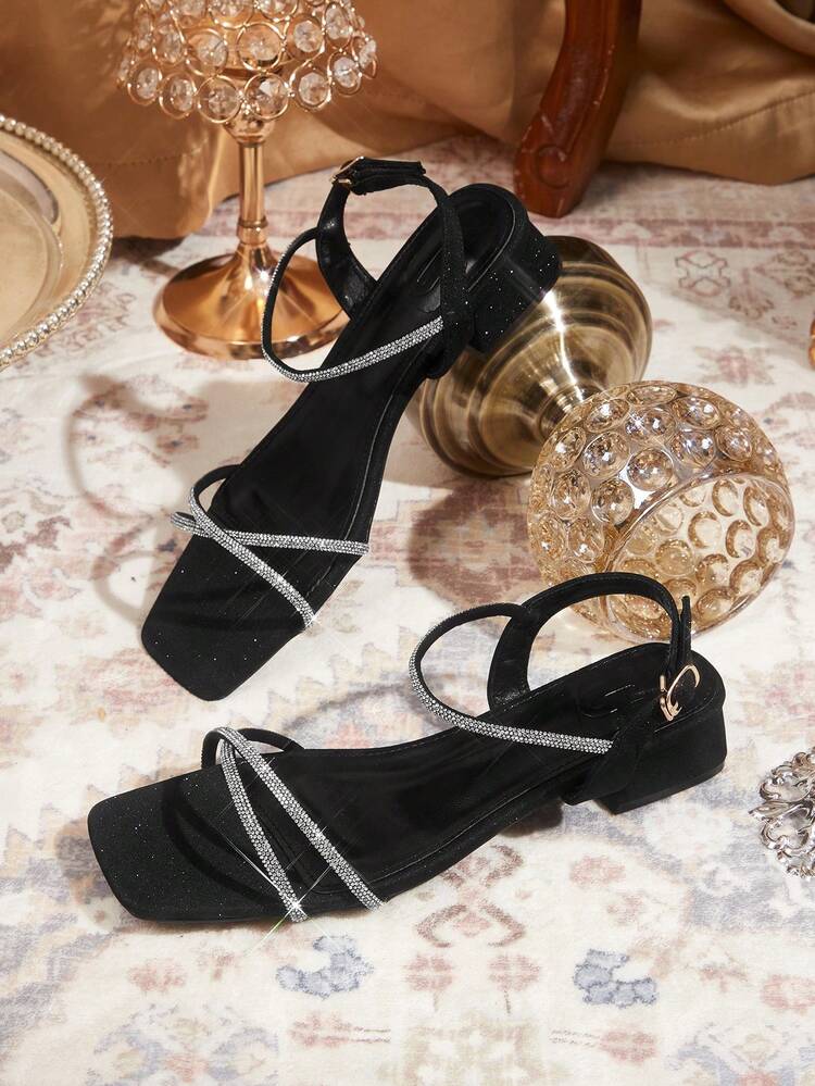 CUCCOO TILAWA Women's Square Toe Black Rhinestone Strap Decoration Shiny Sexy High Heel Sandals For Dating