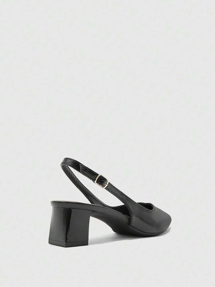 CUCCOO BIZCHIC Women's Pointed Toe Chunky Heel Mid-Heel Black PU Leather Commuting Minimalist Comfortable High Heel Sandals