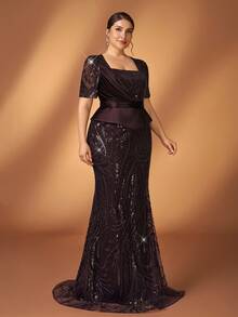 Serin 大码优雅奢华珍珠串珠亮片刺绣网纱袖钻石美人鱼礼服，适合婚礼、派对、度假、新娘、新娘母亲晚礼服 - 咖啡棕 - 查看 8