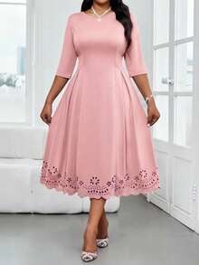 SHEIN Lady Robe longue unie grande taille à manches longues, minimaliste et à la mode, idéale pour l'été, Pâques, une remise de diplômes, une invitée à un mariage, une tenue décontractée chic ou une robe d'automne pour femme ronde. - Rose bonbon - Voir 3
