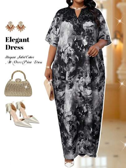 Fleurora Plus Size Elegant Party Lace Patchwork Tie-Dye Print Dress Summer Dress