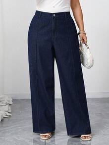 Elenzga Plus Size Women Elegant Comfortable Dark Blue Non-Stretch Flare Jeans - Dark Wash - View 7
