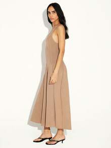 KSTM Women's Knit Ribbed V-Neck Sleeveless Maxi Dress With Godet Pleats And Tank Style Silhouette For Casual And Elegant Occasions - Khaki - View 3