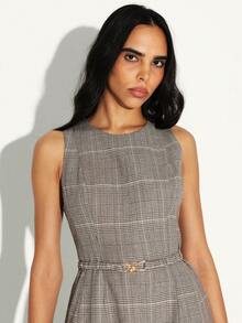 KSTM Plaid Sleeveless Midi Dress With Belt Round Neck A Line Fit Flare Professional Office Workwear Business Casual Fall Winter - Khaki - View 5