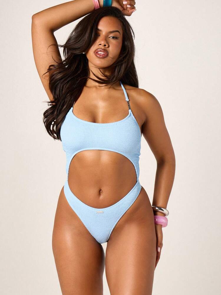 Missguided x Playboy Women Ribbed Cut Out Halter Monokini One Piece Swimsuit With Tie Back Detail Summer Beach Pool Vacation Swimwear