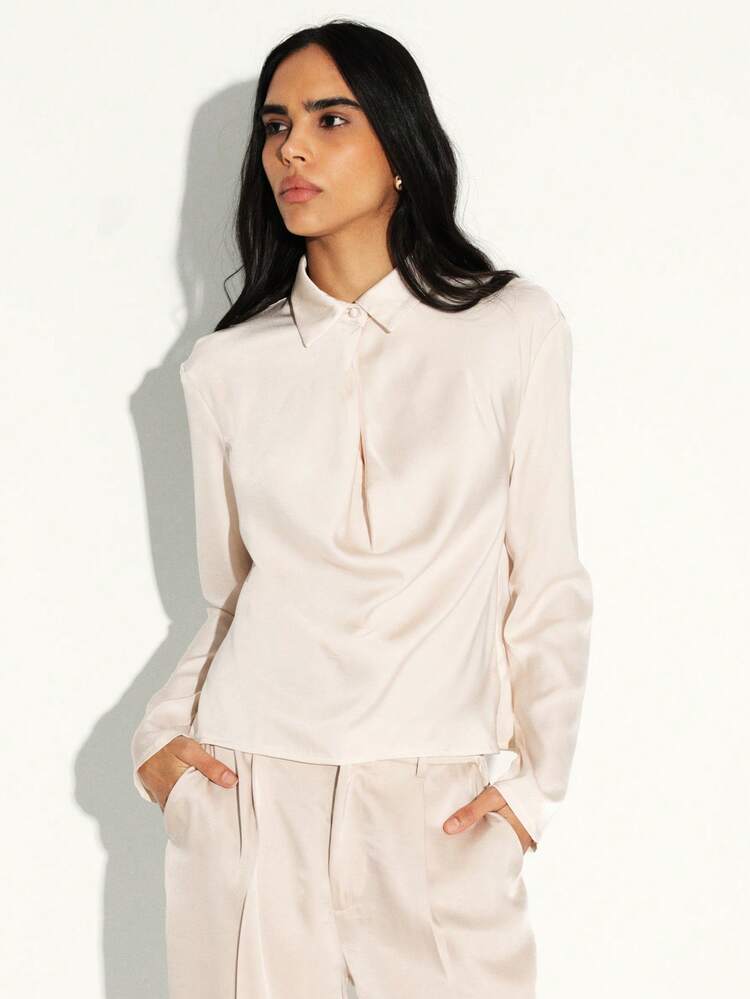 KSTM Women Satin Long Sleeve Button Up Blouse Draped Collared Office Work Top