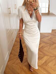 SHEIN EZwear Elegant Commuter Satin Lace Trim Dress - Apricot - View 1