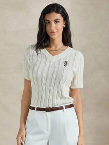 Briarwyn 2026 Nuevo Llegado Verano Mujer Casual Parte Superior de Punto con Bordado de Oso de Dibujos Animados y Retorcido Cable Cuello en V Manga Corta, Parte Superior de Punto Casual para Mujer, Parte Superior de Punto Blanca, Estilo Old Money, Verano, Vacaciones, Cloud Dancer, Retro 80s/Mujer Moderna Preppy Bordado de Oso Cable de Punto Cuello en V Manga Corta Parte Superior de Punto Casual - Blanco - Ver 8