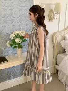 DAZY 女童条纹无袖圆领连衣裙，秋季穿搭 - 藍色 - 查看 4