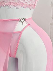 PetitDoll 三件套：蕾丝短袖上衣、性感侧开衩半裙、女士内衣套装 - 粉色 - 查看 4