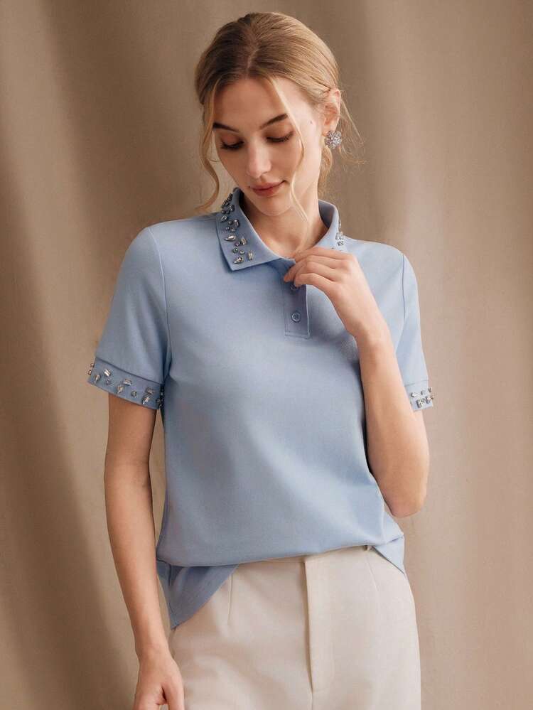 Anewsta Spring/Summer New Casual Holiday Knit Short Sleeve Embellished With Rhinestones Polo Versatile Slimming Elegant Blouse For Women