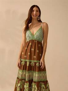 CAJUNI Women's Boho Tropical Coconut Tree Print V-Neck Spaghetti Strap Dress, Casual Holiday Beach Dress For Summer - Brown - View 5