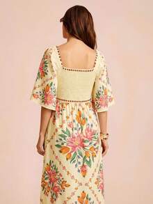 CAJUNI 女士碎花方领短袖时尚连衣裙 - 黃色 - 查看 2