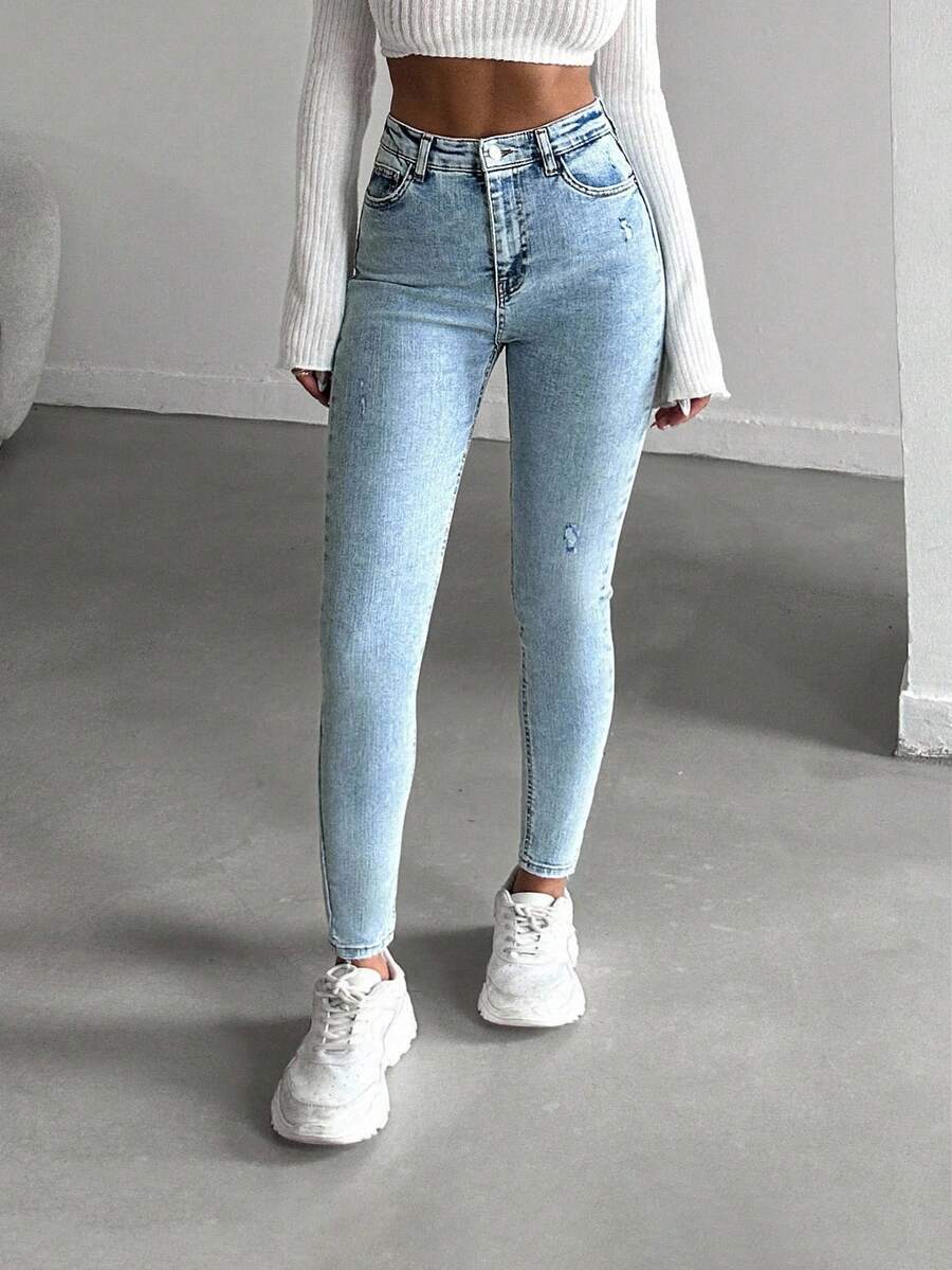 SHEIN Quần jean skinny cạp cao màu xanh tuyết dành cho người nhỏ nhắn - Rửa nhẹ - Xem 1