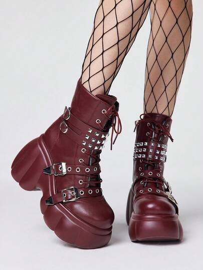 ROMWE Grunge Punk Women Heeled Sandals~ 2026 New Fashion Autumn And Winter Punk Style Burgundy PU Round Toe Wedge Heel Thick Bottom Rivet Metal Buckle Front Zipper Small High Heel Riding Boots Hot Girls Ankle Boots