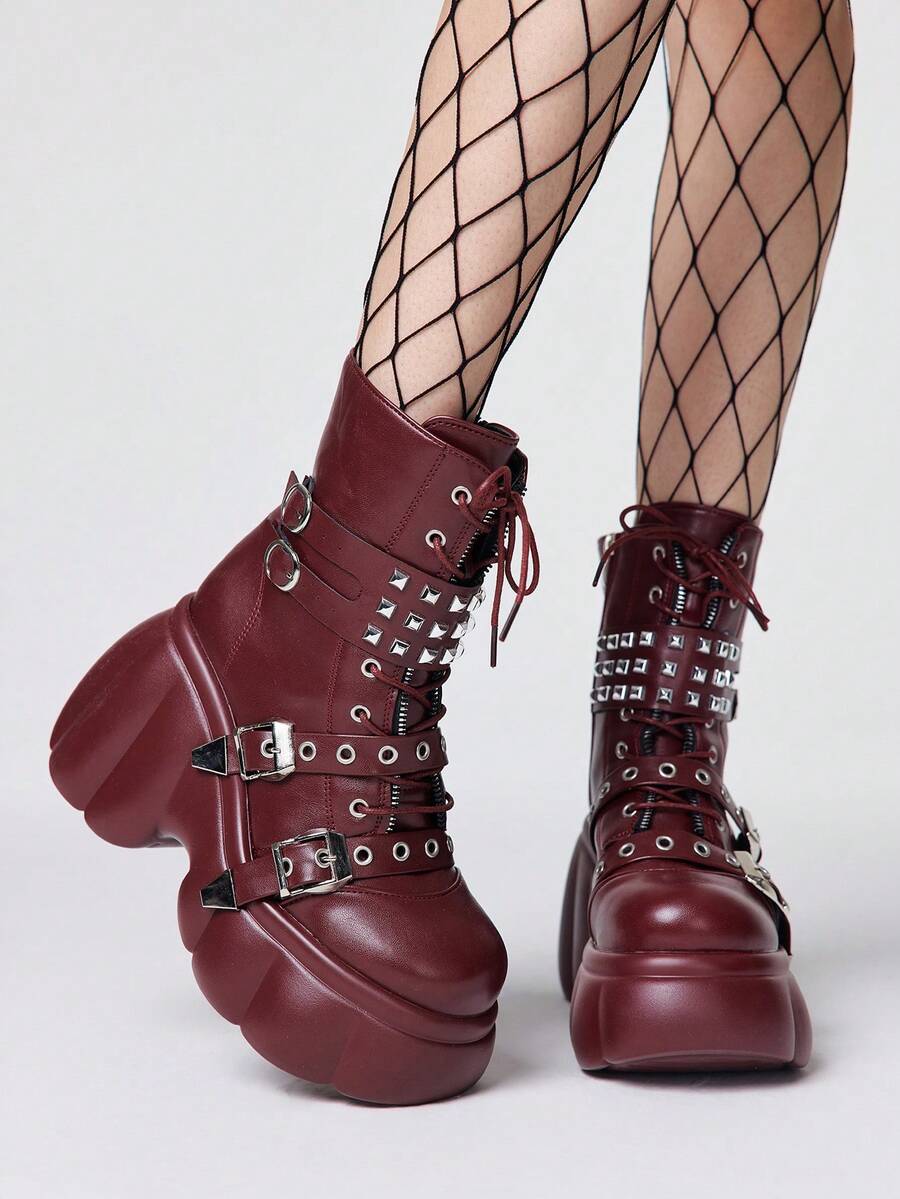 ROMWE Grunge Punk Women Heeled Sandals~ 2026 New Fashion Autumn And Winter Punk Style Burgundy PU Round Toe Wedge Heel Thick Bottom Rivet Metal Buckle Front Zipper Small High Heel Riding Boots Hot Girls Ankle Boots Y2K 2000s Style - Burgundy - View 1