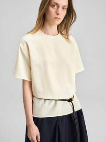 Ontre Women's Cream White,Summer,Effortless Chic,Elegant,Brunch Striped Textured Short Sleeve Round Neck Top,French Chic Minimalist Old Money Vibe Blouse - Light Yellow - View 3