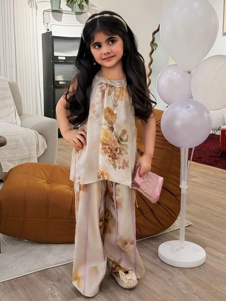 Young Girl Elegant Floral Print Sleeveless Shirt And Pants Set, Summer