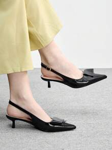 CUCCOO BIZCHIC 女士尖头黑色哑光PU折纸装饰时尚通勤简约风后系带三带细跟高跟鞋 - 啞光黑 - 查看 2