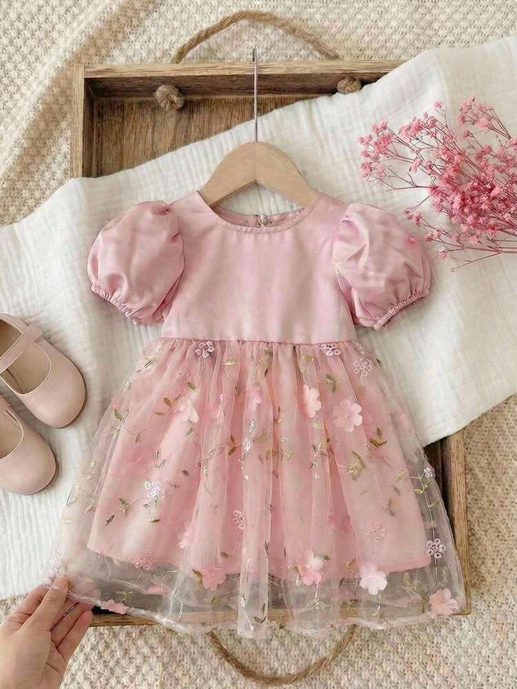 SHEIN Babygirl Elegant & Cute Summer Pink Floral Mesh Short Sleeve Dress - Multicolor - View 5