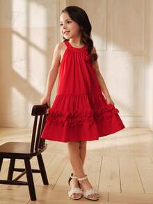 SHEIN 女童红色无袖连衣裙，饰有3D立体花朵和荷叶边下摆，优雅甜美可爱，尽显淑女气质，适合派对、公主裙等场合，夏季穿着。 - 紅色 - 查看 6