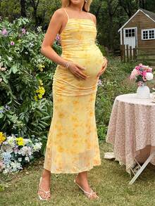 SHEIN Maternity Minimalist Mesh Floral Print Slip Dress - Yellow - View 3