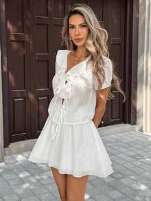 SHEIN PariChic Women's New V-Neck Ruffle Front Drawstring Tie Waist Short Sleeve Top + Short Skirt 2-Piece Set, Casual White Dress, White Linen Dress, Summer Casual Dress, Short Sleeve Summer Dress - White - View 6