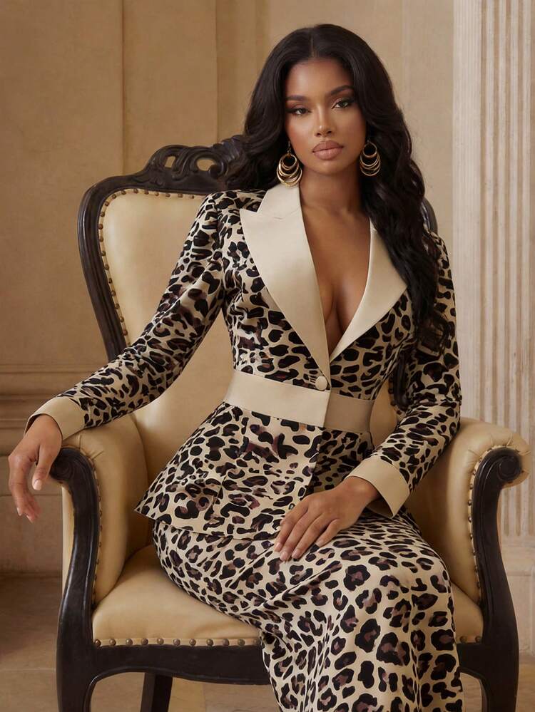 Anewsta Women's Beige Leopard Print Satin Patchwork Long Sleeve Blazer, Elegant Spring/Summer Formal Party Outerwear