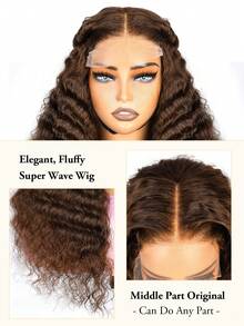 巧克力棕色深波浪卷发真人发假发，4x4蕾丝闭合假发，180%密度，巴西深卷透明蕾丝前额假发，真人发，预先拔毛，带婴儿发，无需胶水，女士假发 - S4 - 查看 2