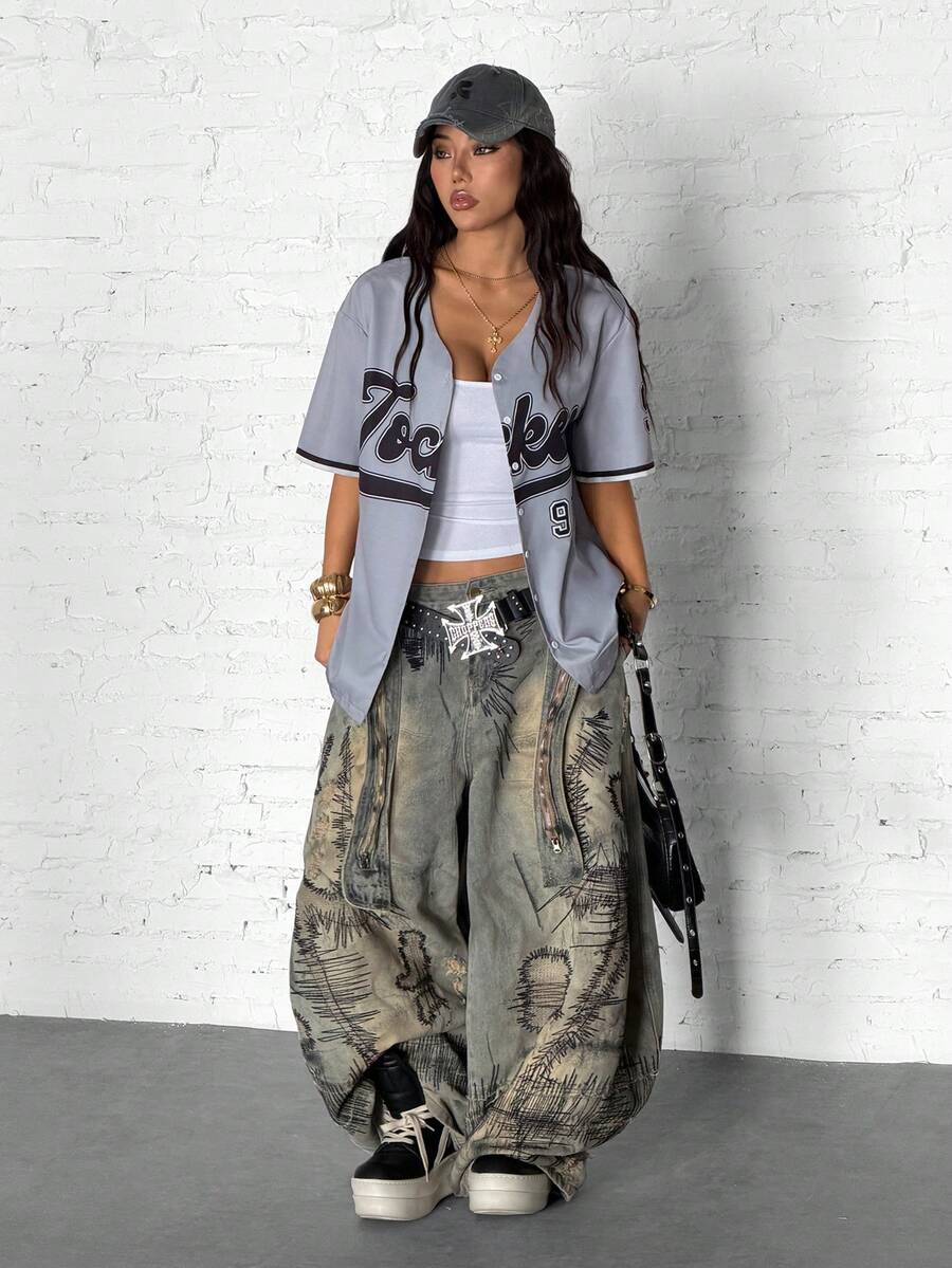 StreetHx Women's Streetwear Loose Baseball Shirt Short Sleeve - Grey - View 1