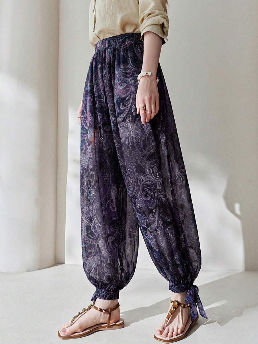 Aveloria Modichic 波西米亚风腰果花印花雪纺灯笼裤，中腰常规长度长裤 - 彩色 - 查看 1