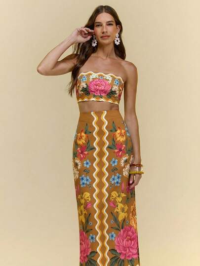 CAJUNI Women's Casual Vacation Elegant Yellow & Fuchsia Floral Peony & Lily Print Strapless Sleeveless Skirt 2-Piece Set, Date Outfit, Graceful Casual 2-Piece Set