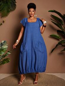 Maweii Plus Size Women's Elegant Casual Versatile Solid Color Fabric Dress With Ruffle Hem, Functional Pockets, Suitable For Casual Outings, Sisters' Afternoon Tea, Casual Daily Wear, Spring/Summer - Blue - View 4