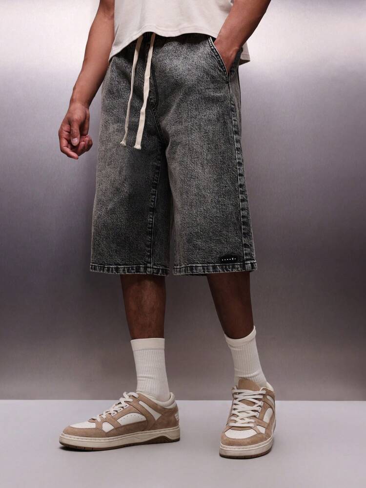 PLAYBOY X SUMWON メンズ ヴィンテージウォッシュデニム ショートパンツ プルオン ワイドレッグ ニー丈 カジュアル サマーショーツ ドローストリング ウエスト