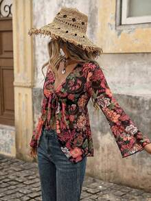 Brillora Paisley Print Mesh Long Sleeve Tie Front Asymmetric Hem Top For Women - Multicolor - View 6