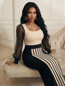 Playroots Đầm ôm sát Anewsta dành cho nữ, kiểu dáng thanh lịch, cổ vuông, tay phồng, chất liệu lưới, thiết kế phối eo. - màu đen - Xem 6